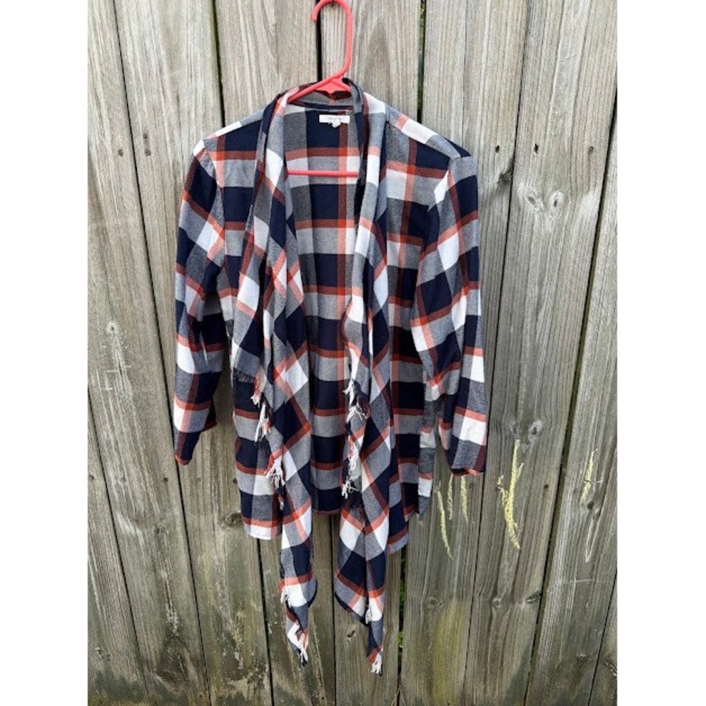 Plaid Draped Fringe Maurices Cardigan Size M Navy Orange Waterfall Wrap